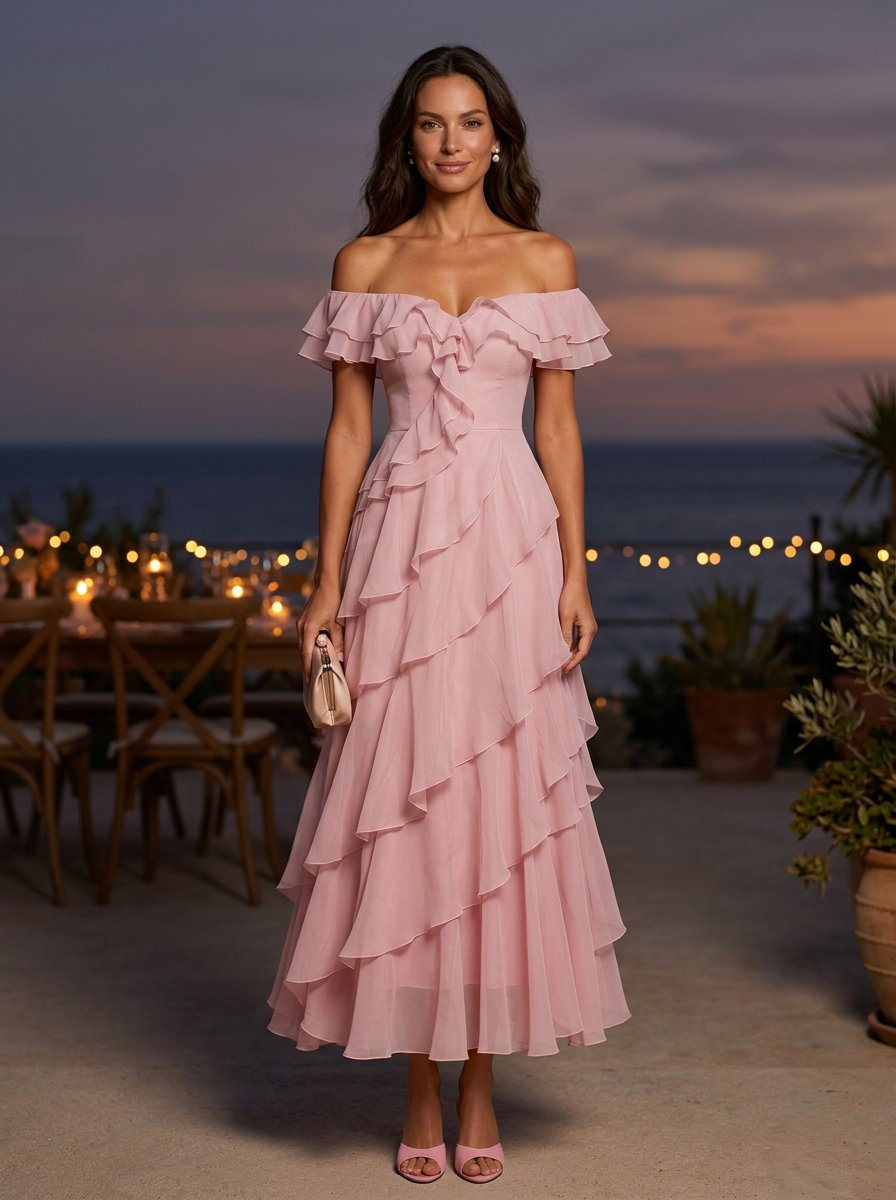 Pink Chiffon Off Shoulder Ruffle A-Line Maxi Dress