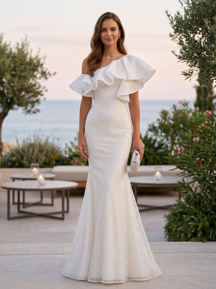 White One Shoulder Jacquard Ruffle Mermaid Maxi Dress