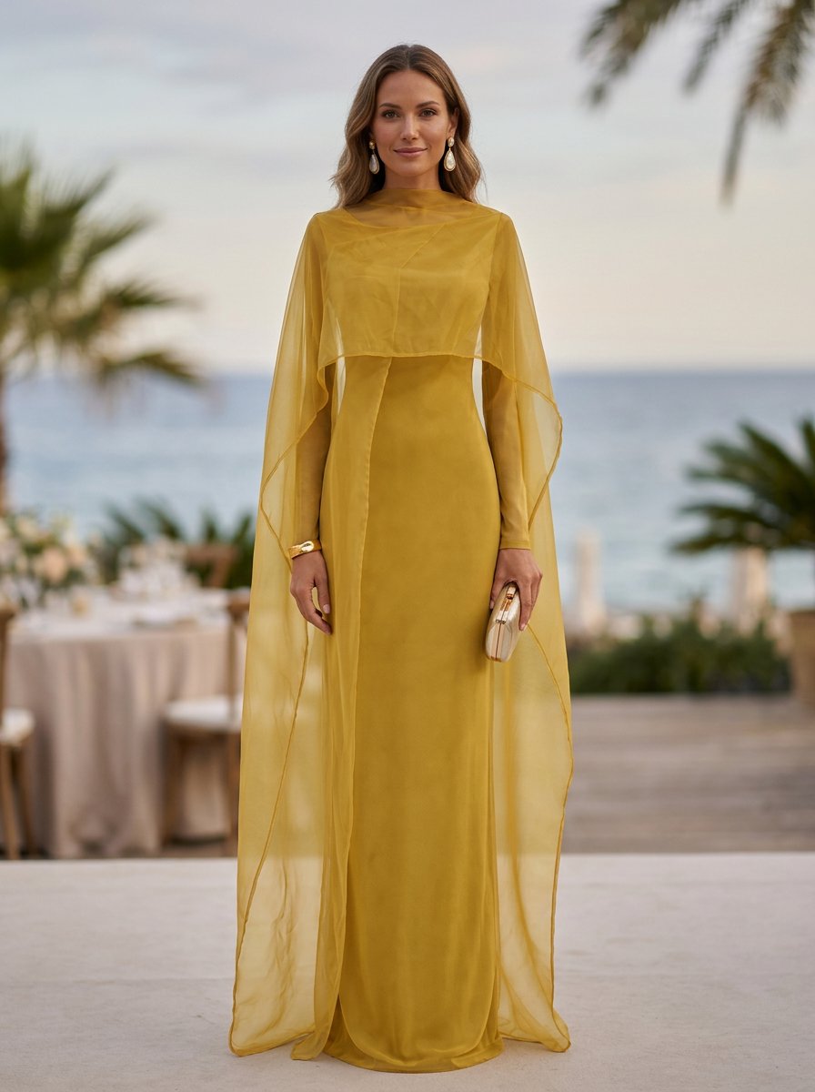 Mustard Yellow Mesh Long Sleeve Sheer Cape Slit Maxi Dress
