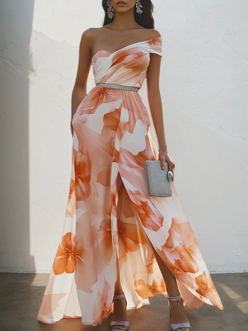 Orange Multicolor Floral Rhinestone Slit Chiffon One Shoulder Sleeveless A-Line Maxi Dress