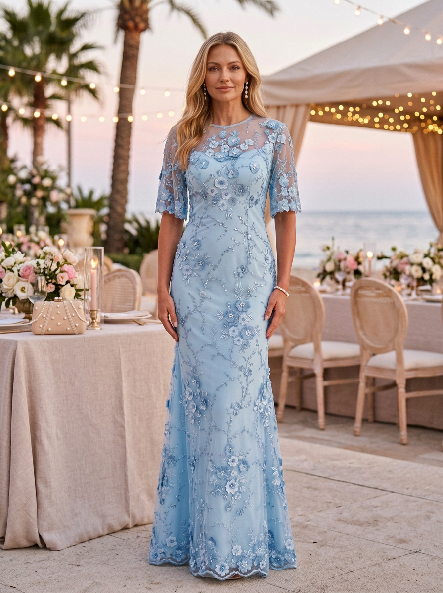 Light Blue Lace Embroidered 3/4 Sleeve Mermaid Maxi Dress