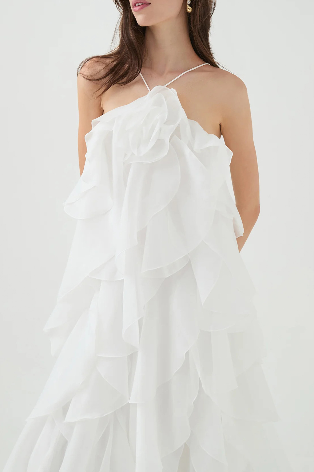 3D Flower Halter Neck Frill Maxi Dress