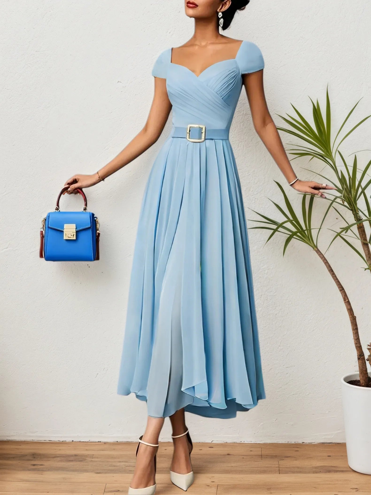 Light Blue Pleated Ruched Sweetheart Neckline A-Line Maxi Chiffon Dress