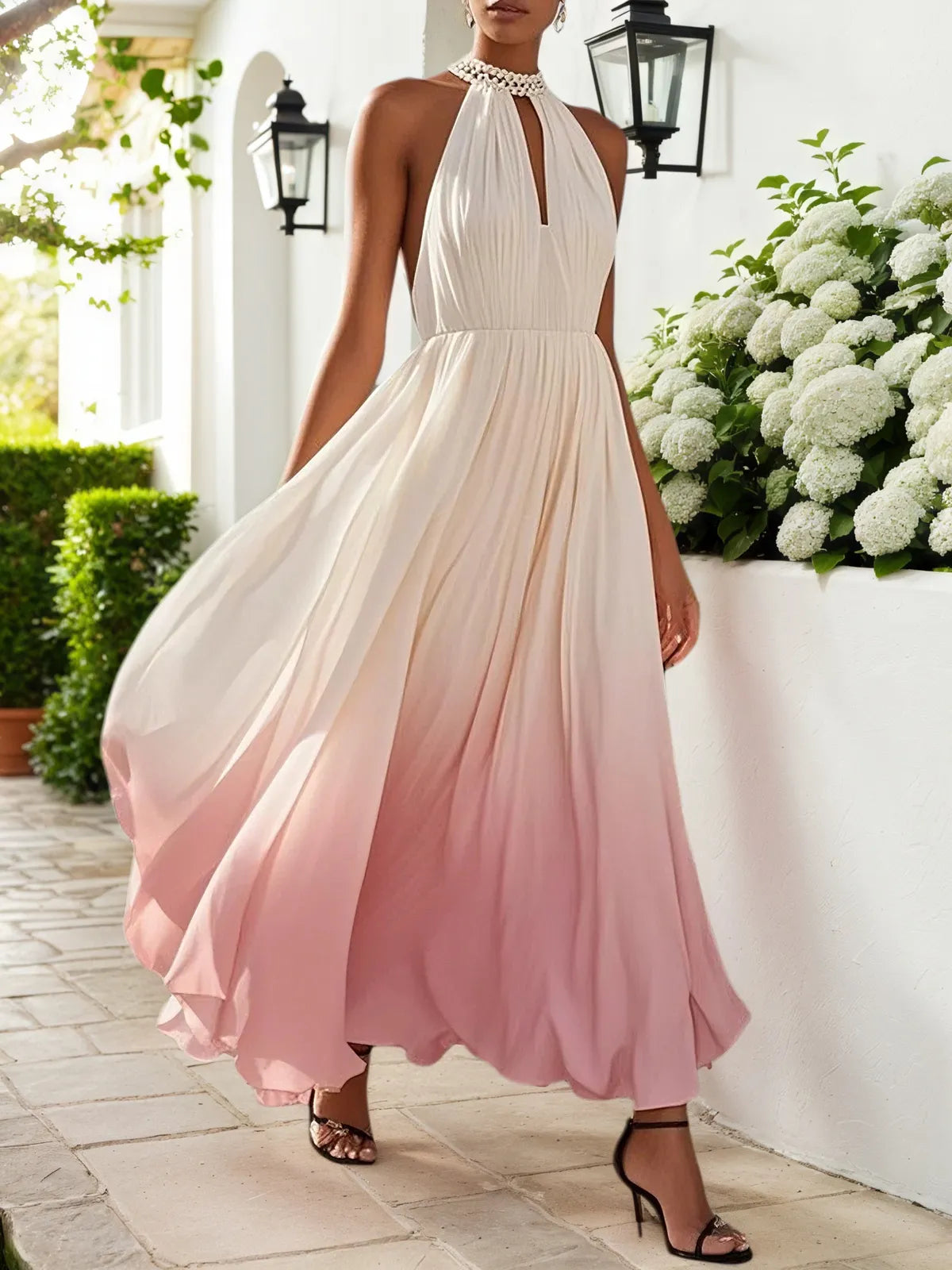 Pink Chiffon Halter Ombre Pearl Cut Out Sleeveless A-Line Mock Neck Maxi Dress
