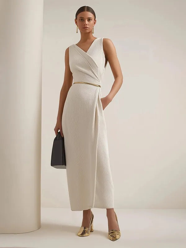 Work Semi-Formal Dress Beige V-Neck Sleeveless Pocketed Maxi Dress