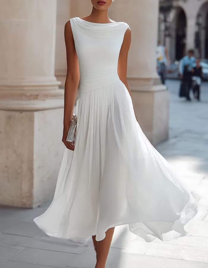 Elegant White Sleeveless Cowl Neck Midi Dress with Pleated Flowy Dresses