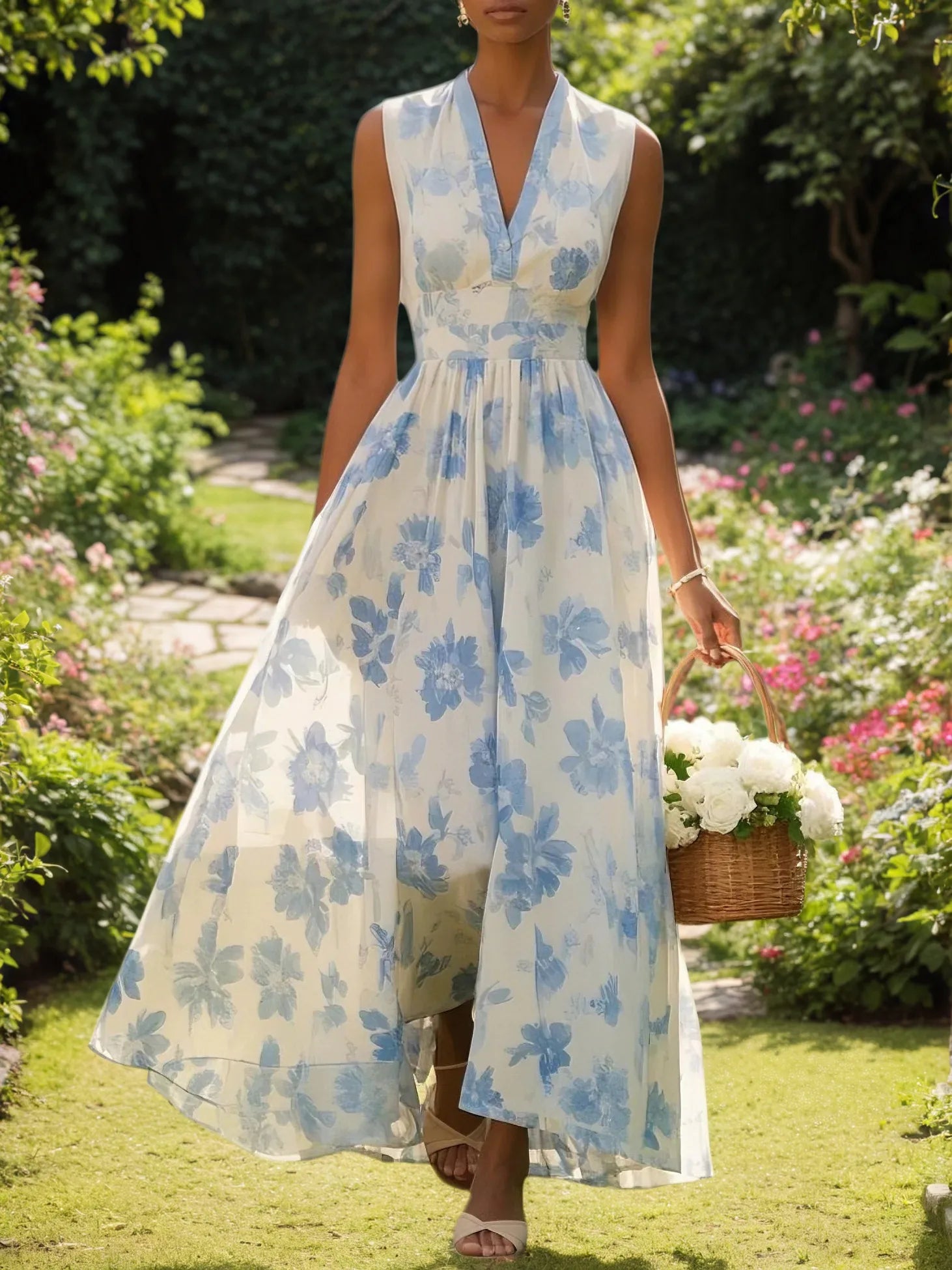 Light Blue Chiffon Floral V Neck Sleeveless A-Line Maxi Dress