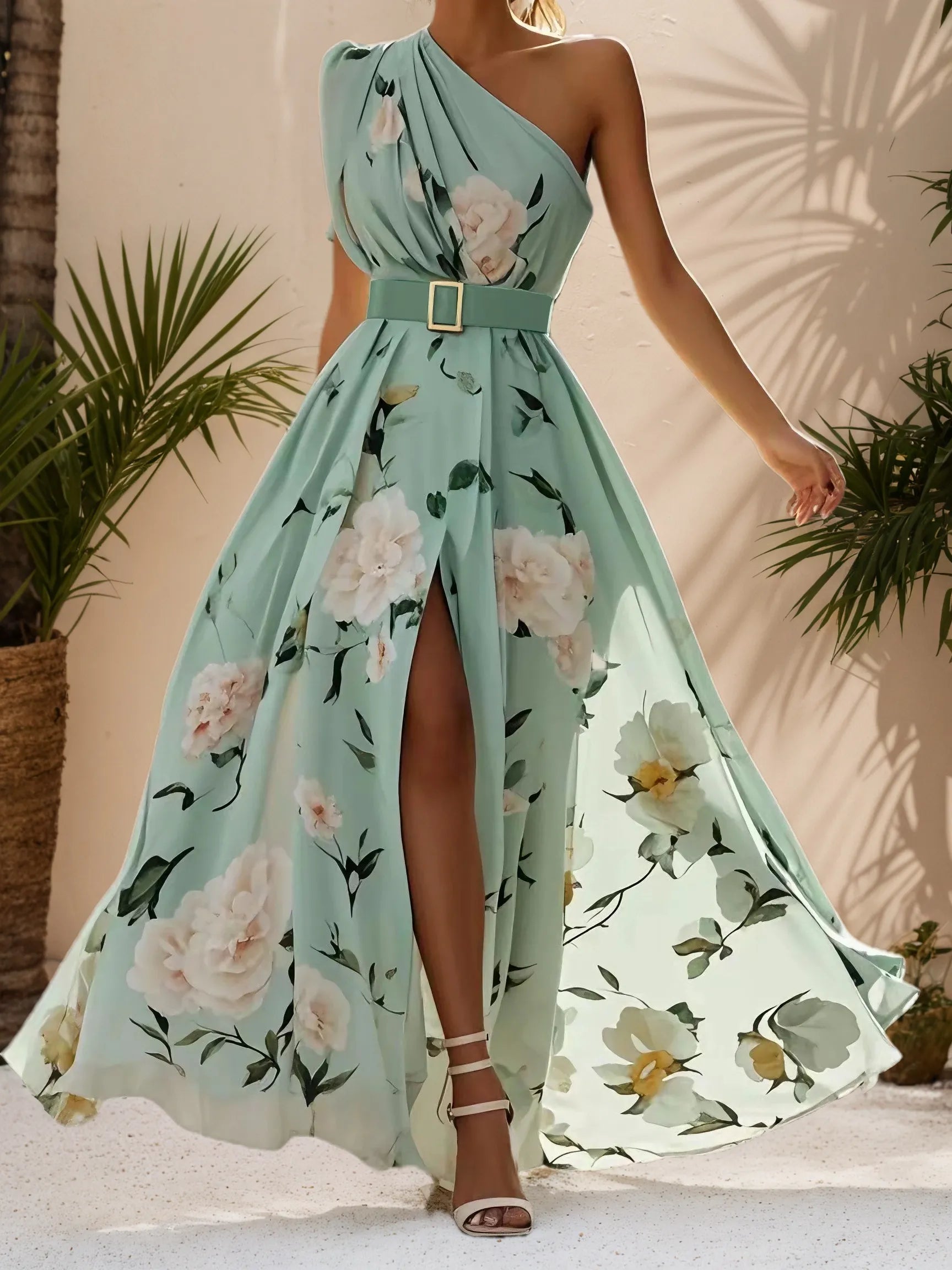Light Green Floral Ruched One Shoulder A-Line Maxi Chiffon Dress