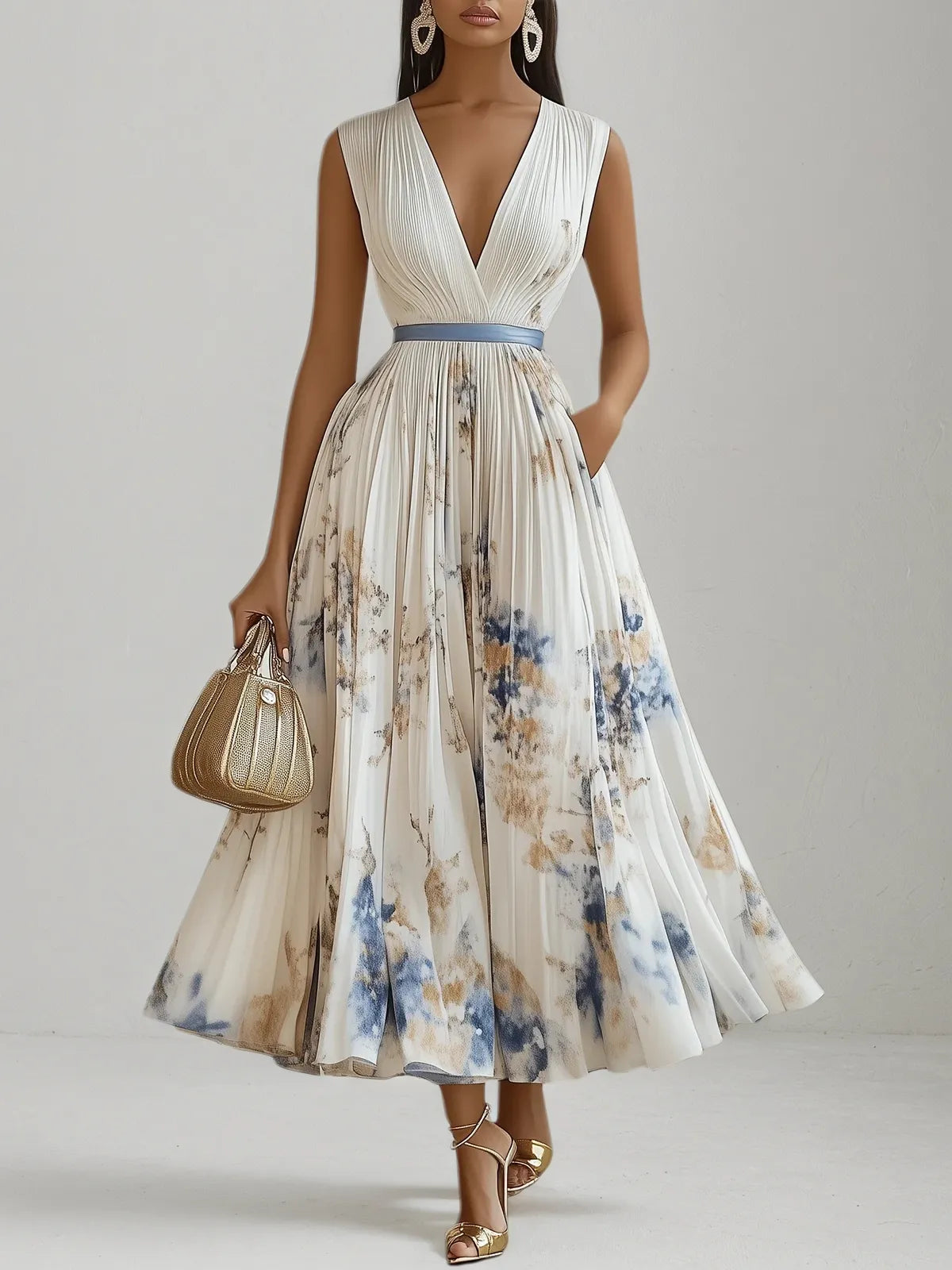 White Pleated Floral Chiffon V Neck Sleeveless A-Line Midi Dress