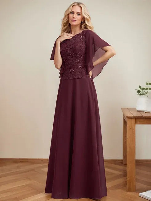A-line Scoop Illusion Floor-Length Lace Chiffon Mother of the Bride Dress With Sequins