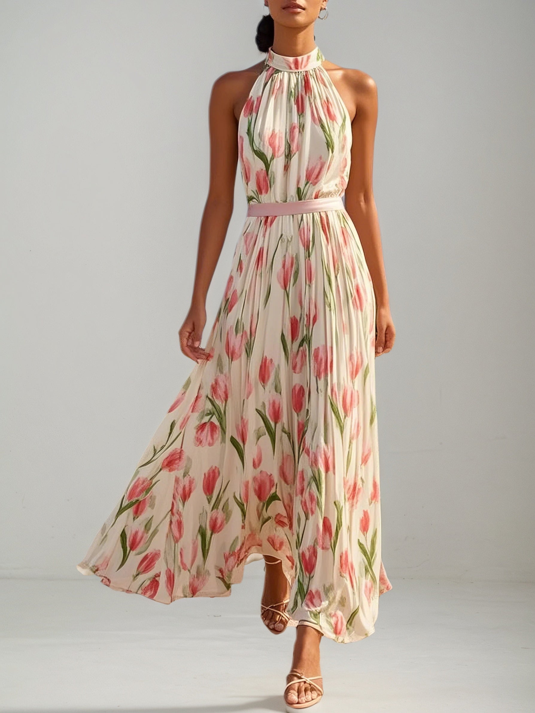 Pink Pleated Floral Chiffon Halter Sleeveless A-Line Mock Neck Maxi Dress
