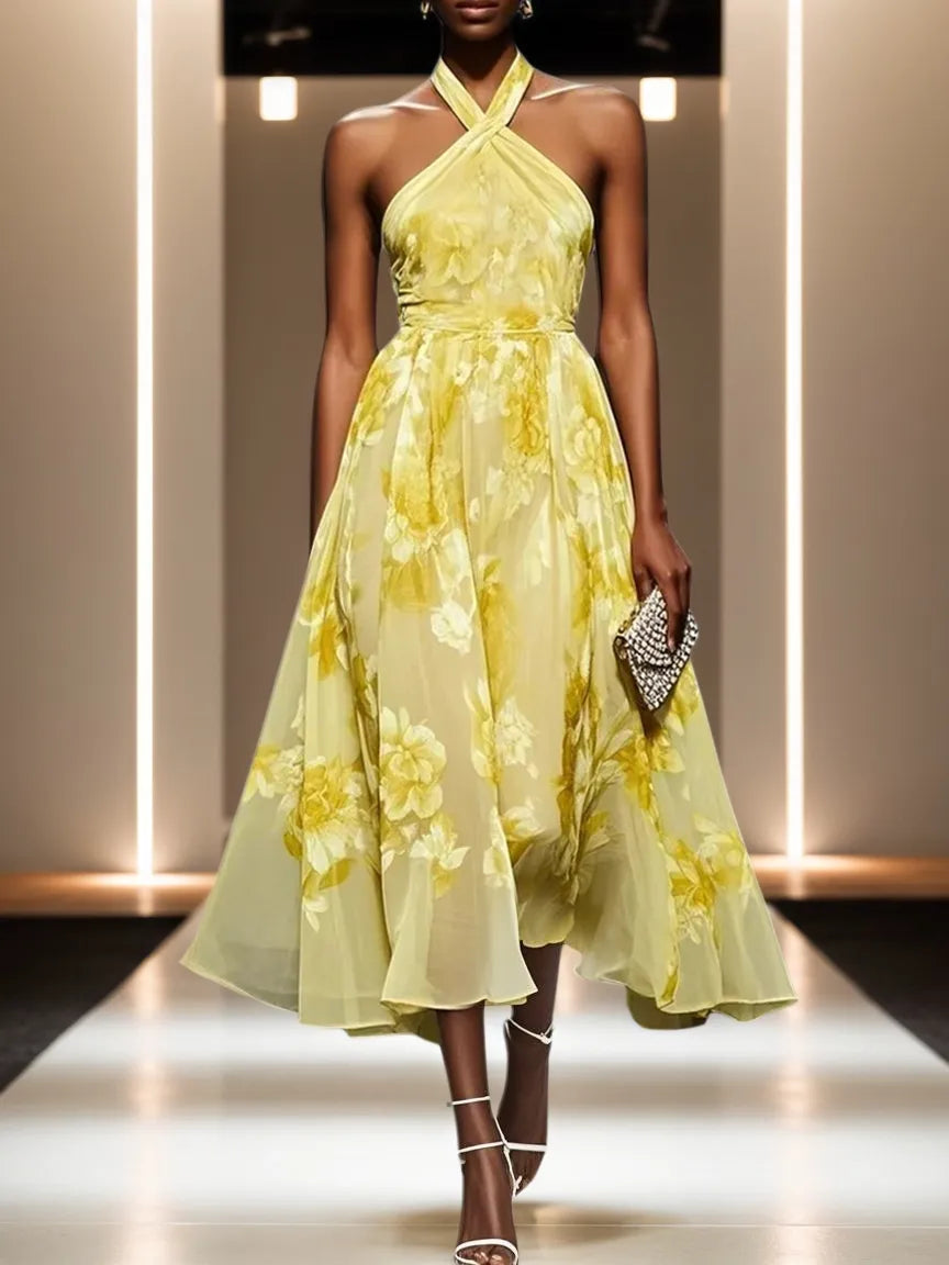 Yellow Floral Chiffon Halter Sleeveless A-Line Midi Dress