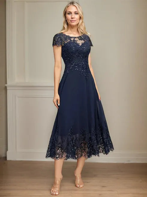 A-line Illusion Scoop Tea-Length Lace Chiffon Mother of the Bride Dress With Sequins