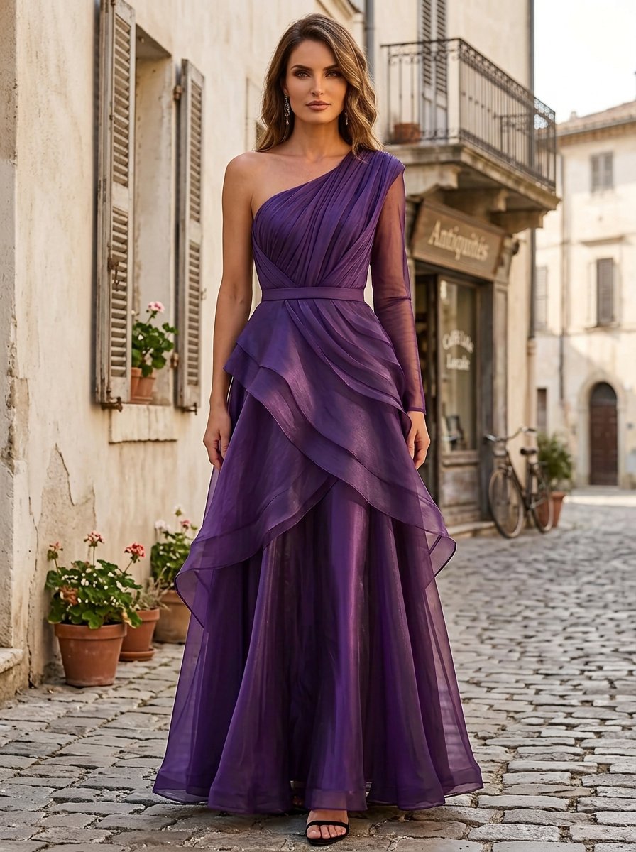 Plum One Shoulder Sheer Sleeve Layered Maxi Dress