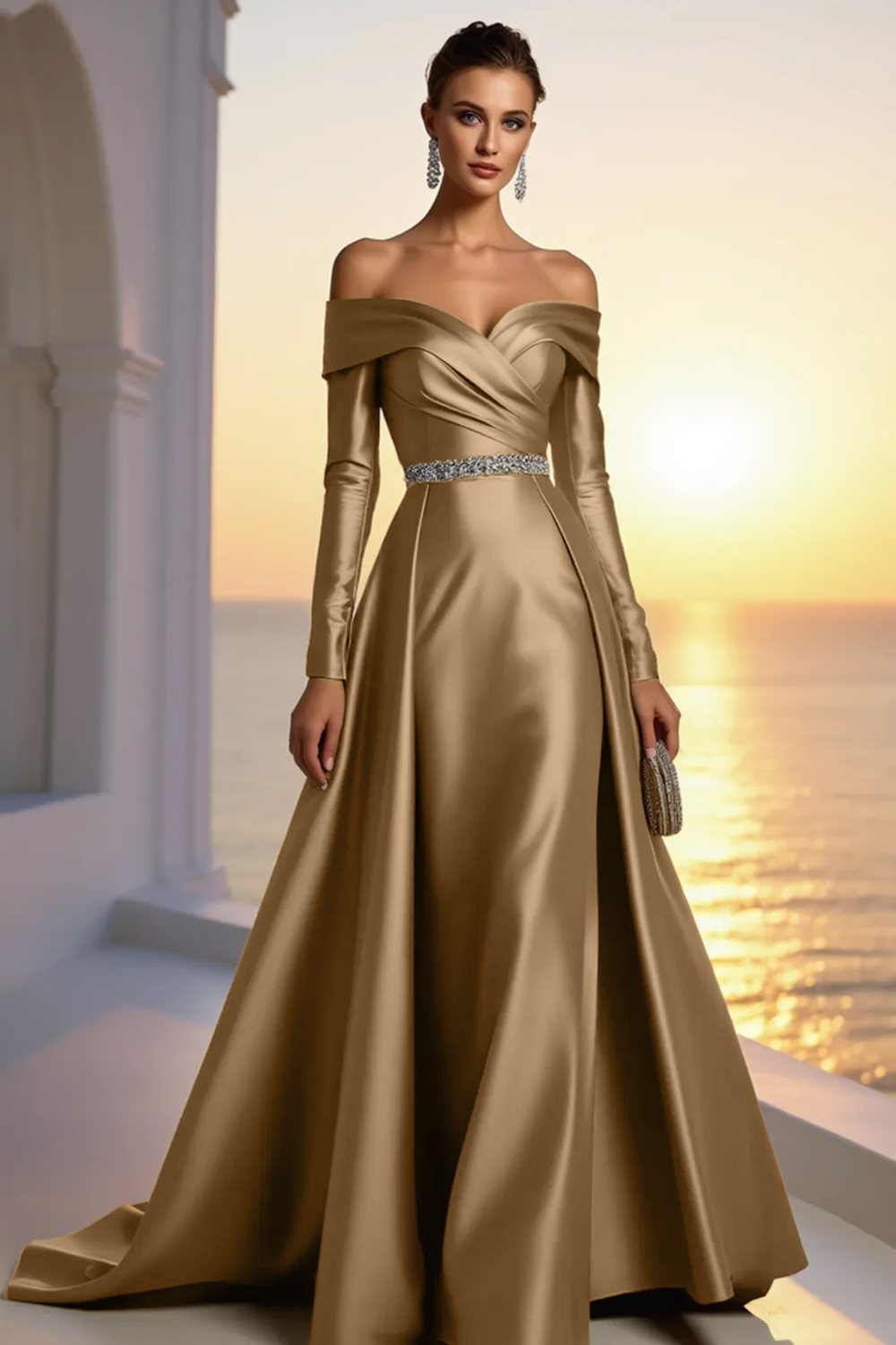 Formal Gold Satin Dress Off The Shoulder Long Sleeve Maxi Gown