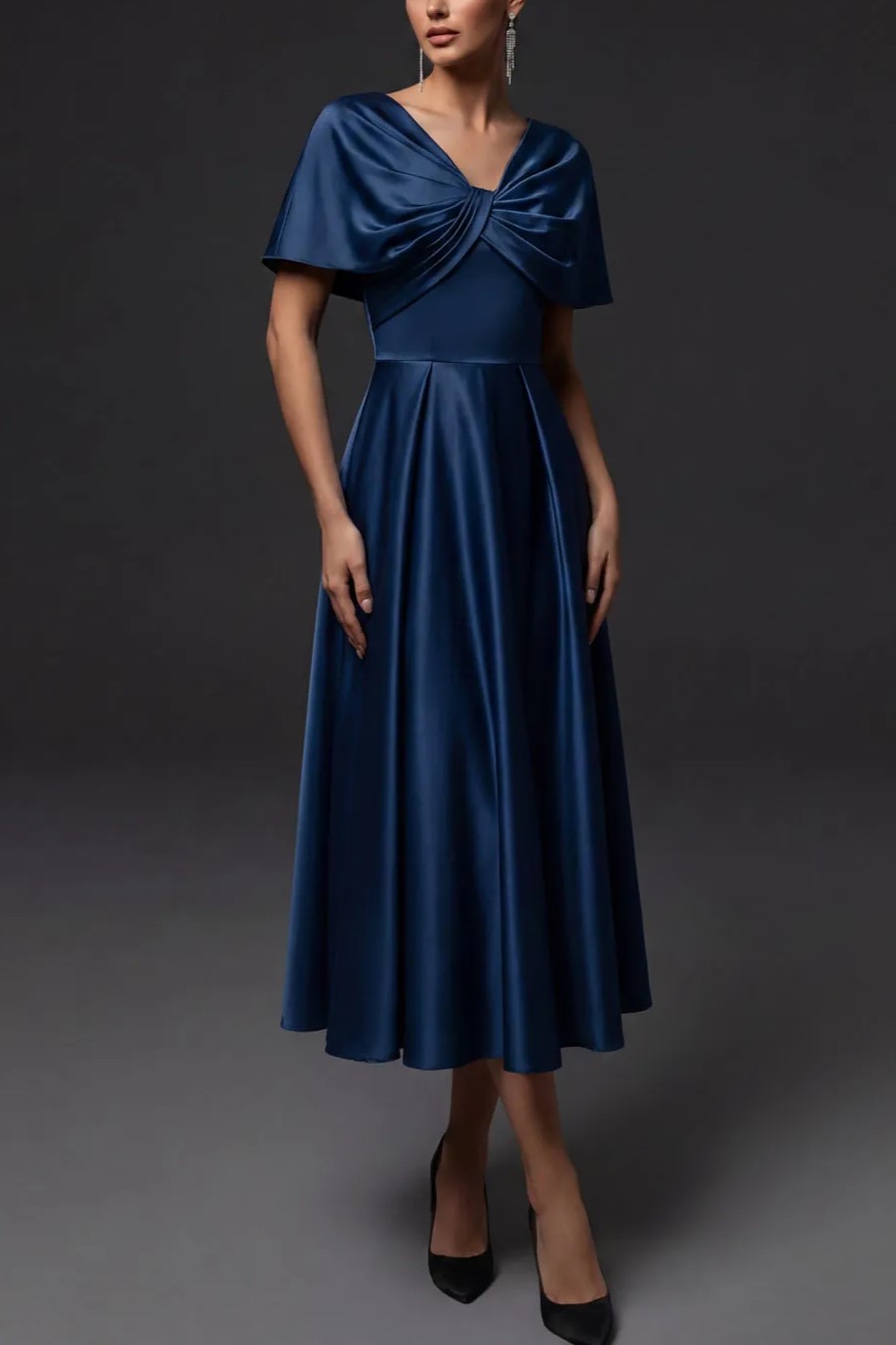 Navy V Neck A-Line Satin Midi Dress