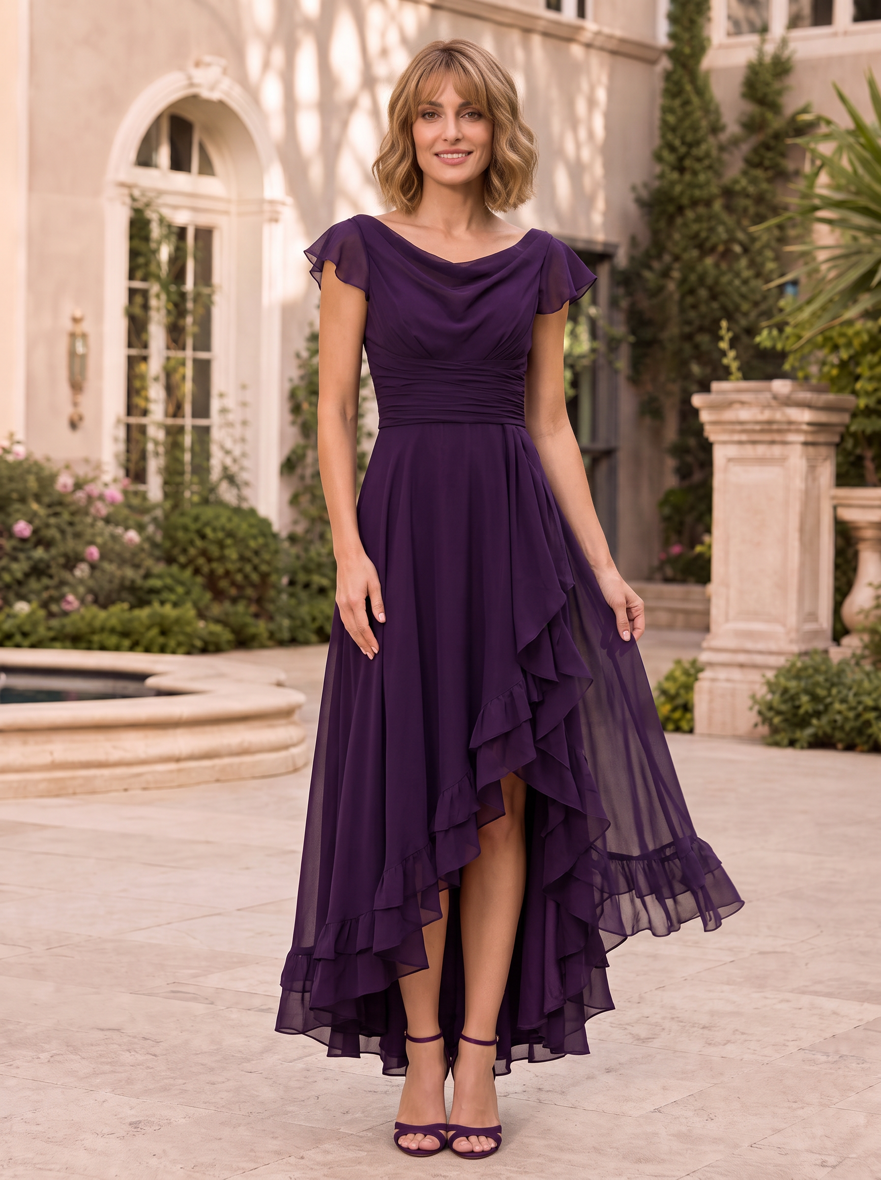 Plum Cowl Flutter Sleeve Asymmetrical Ruffle Chiffon Maxi Dress