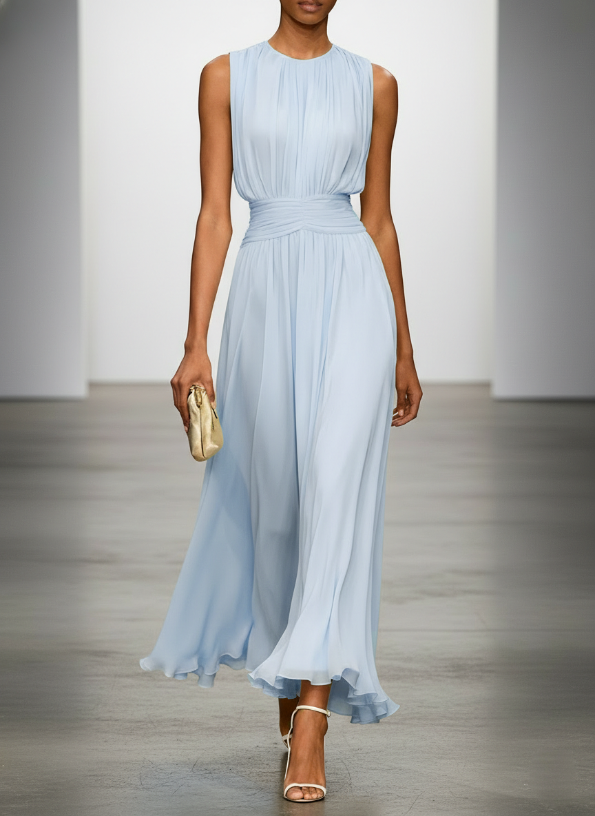 Light Blue Chiffon Scoop Neck Sleeveless A-Line Dress