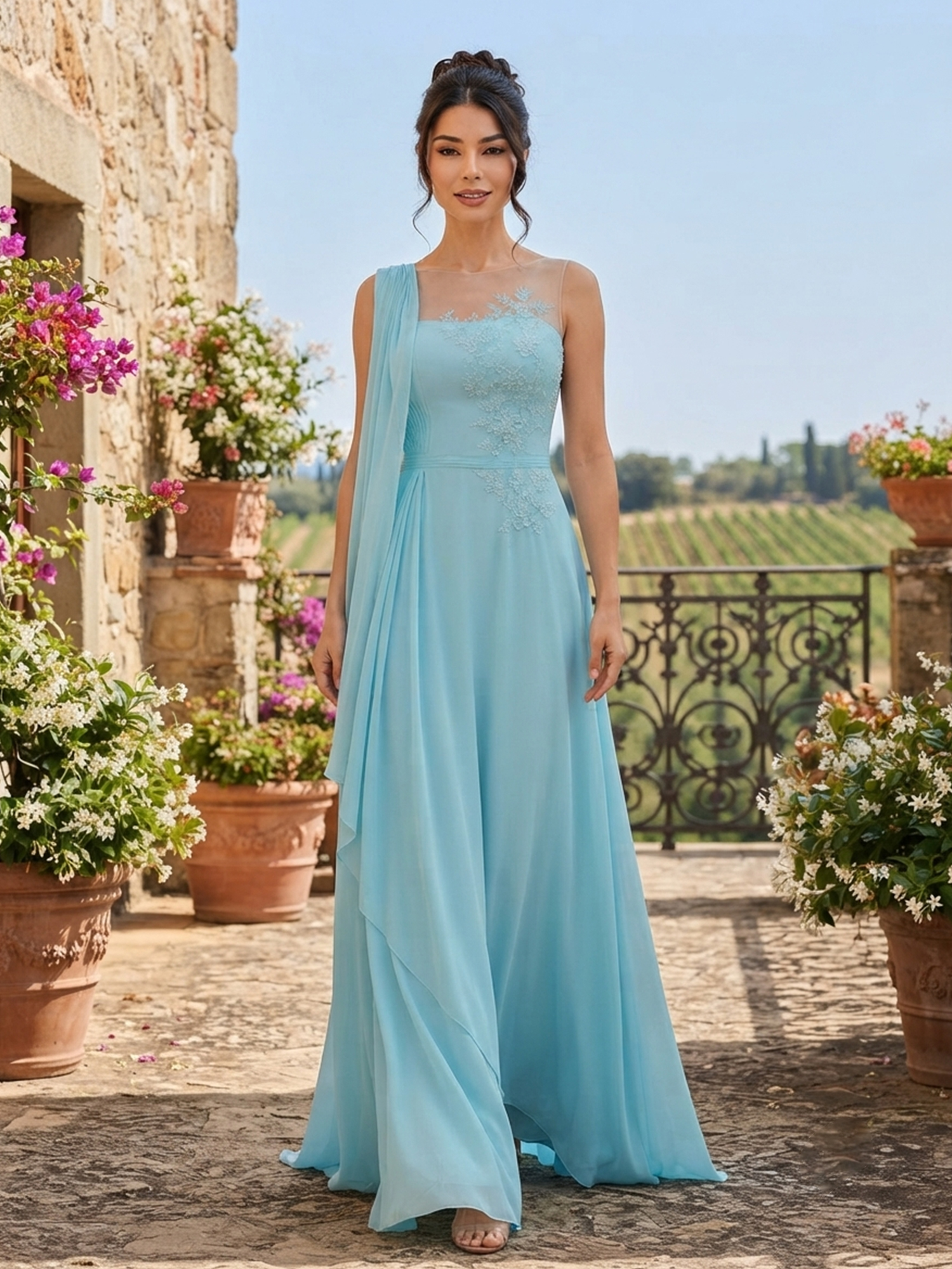 Sky Blue Illusion Neck Floral Lace Drape Chiffon Maxi Dress