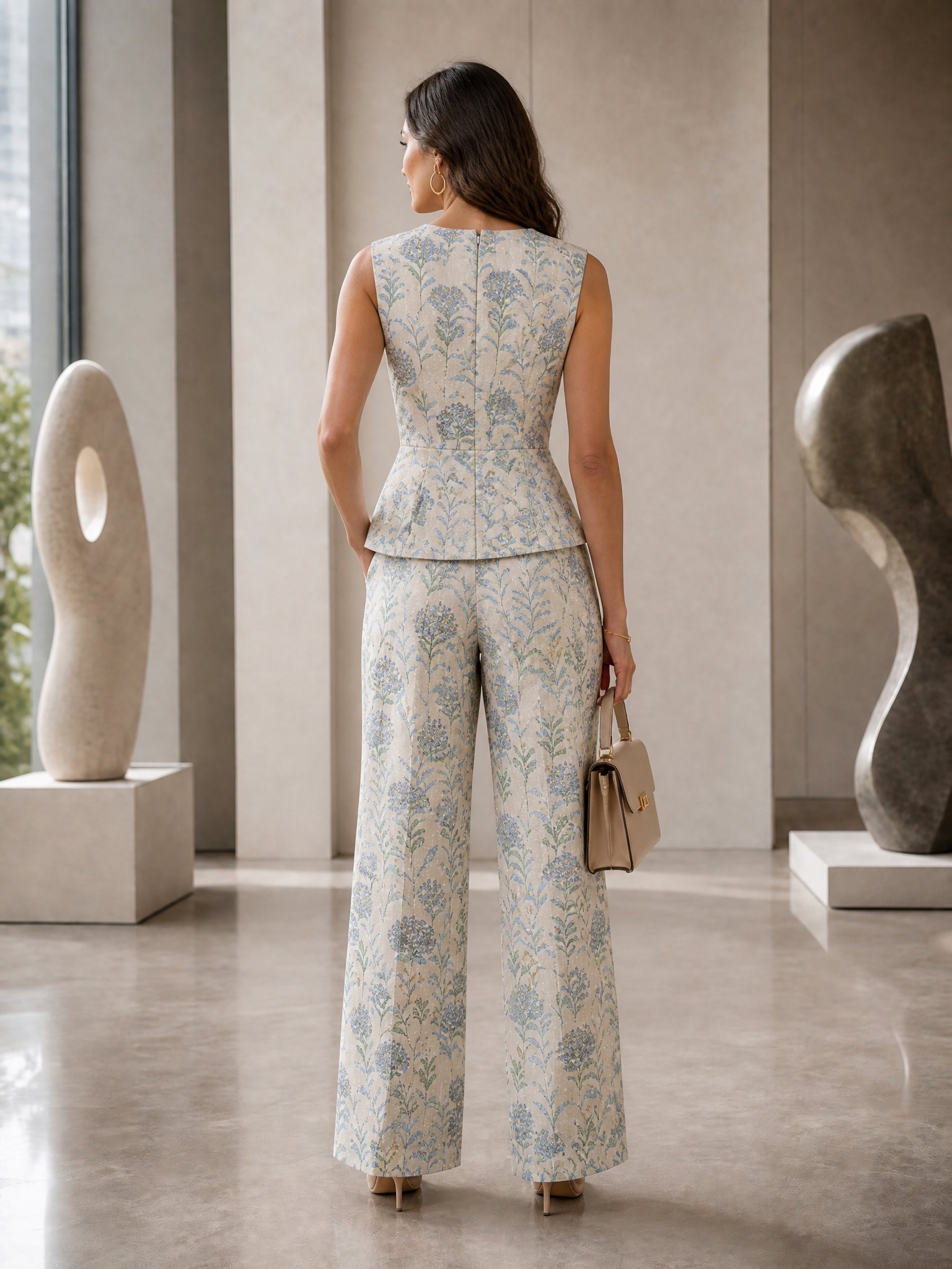 Blue Green Floral Jacquard Sleeveless Top and Wide-Leg Pants Set