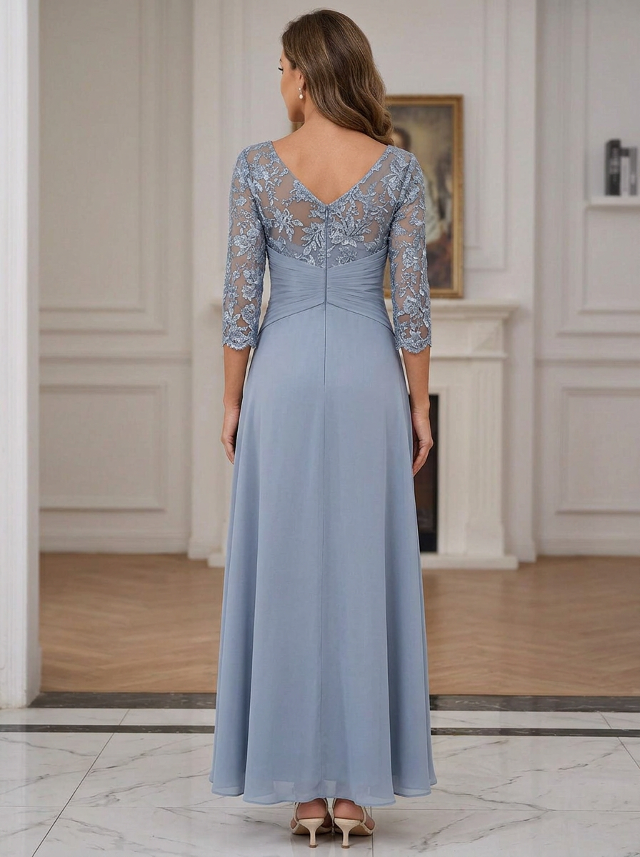 Lace Over Chiffon Illusion Neck Midi Dress