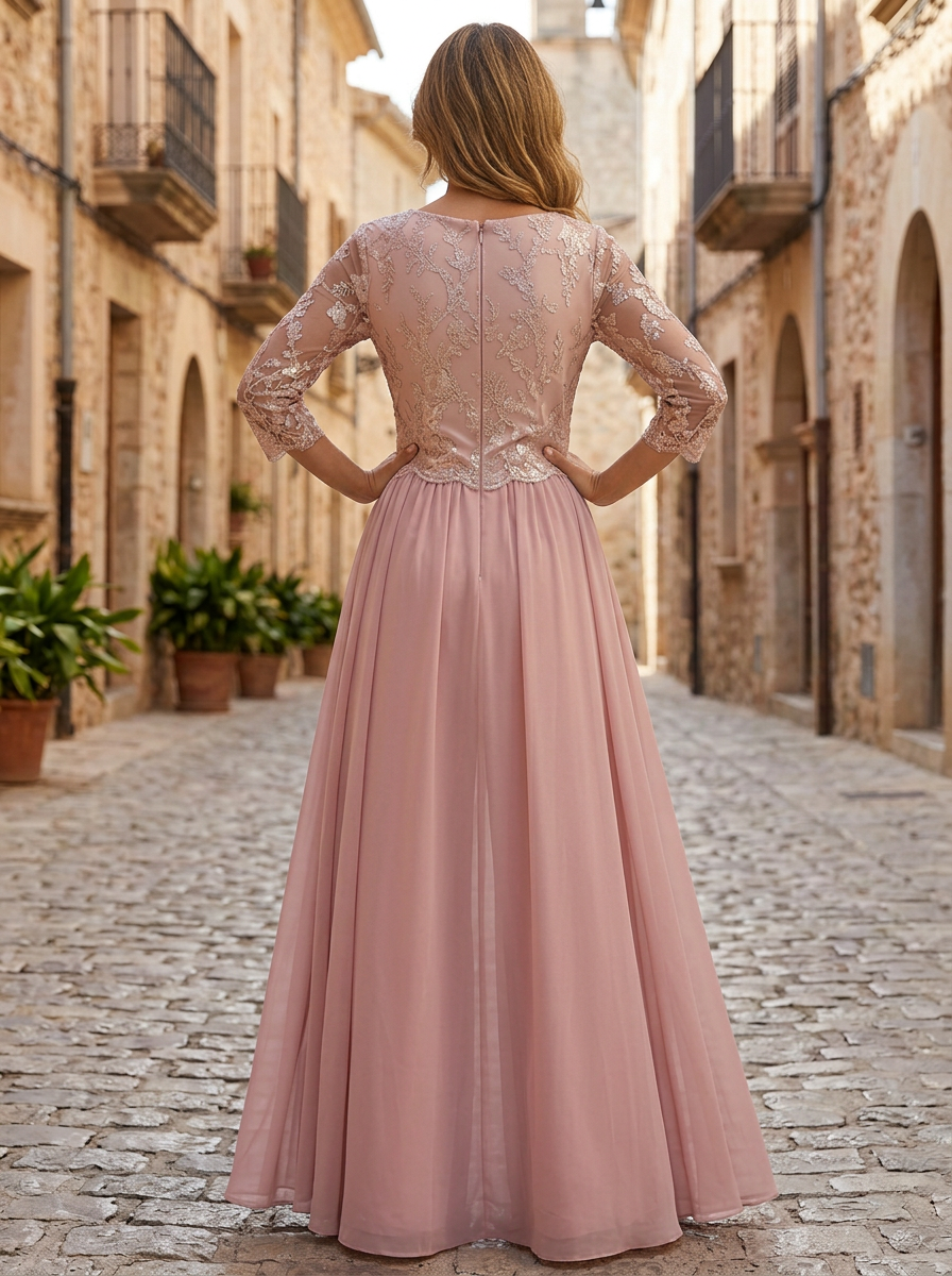 Pink Chiffon Round Neck 3/4 Lace Sleeves Jumpsuit