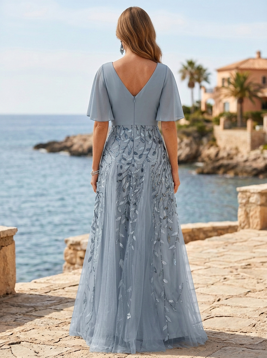 A-line V-neck Half-sleeve Side-slit Mother Of The Bride Maxi Dress