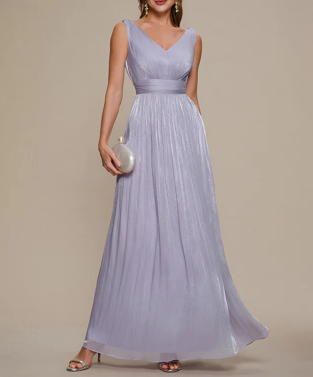 Lavender Shimmer V-Neck Sleeveless Pleated Maxi Dress