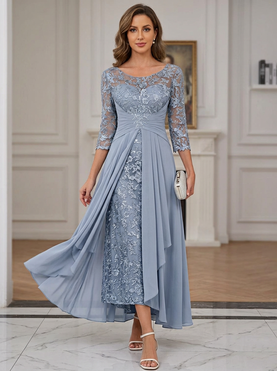 Lace Over Chiffon Illusion Neck Midi Dress