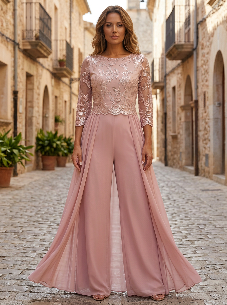 Pink Chiffon Round Neck 3/4 Lace Sleeves Jumpsuit