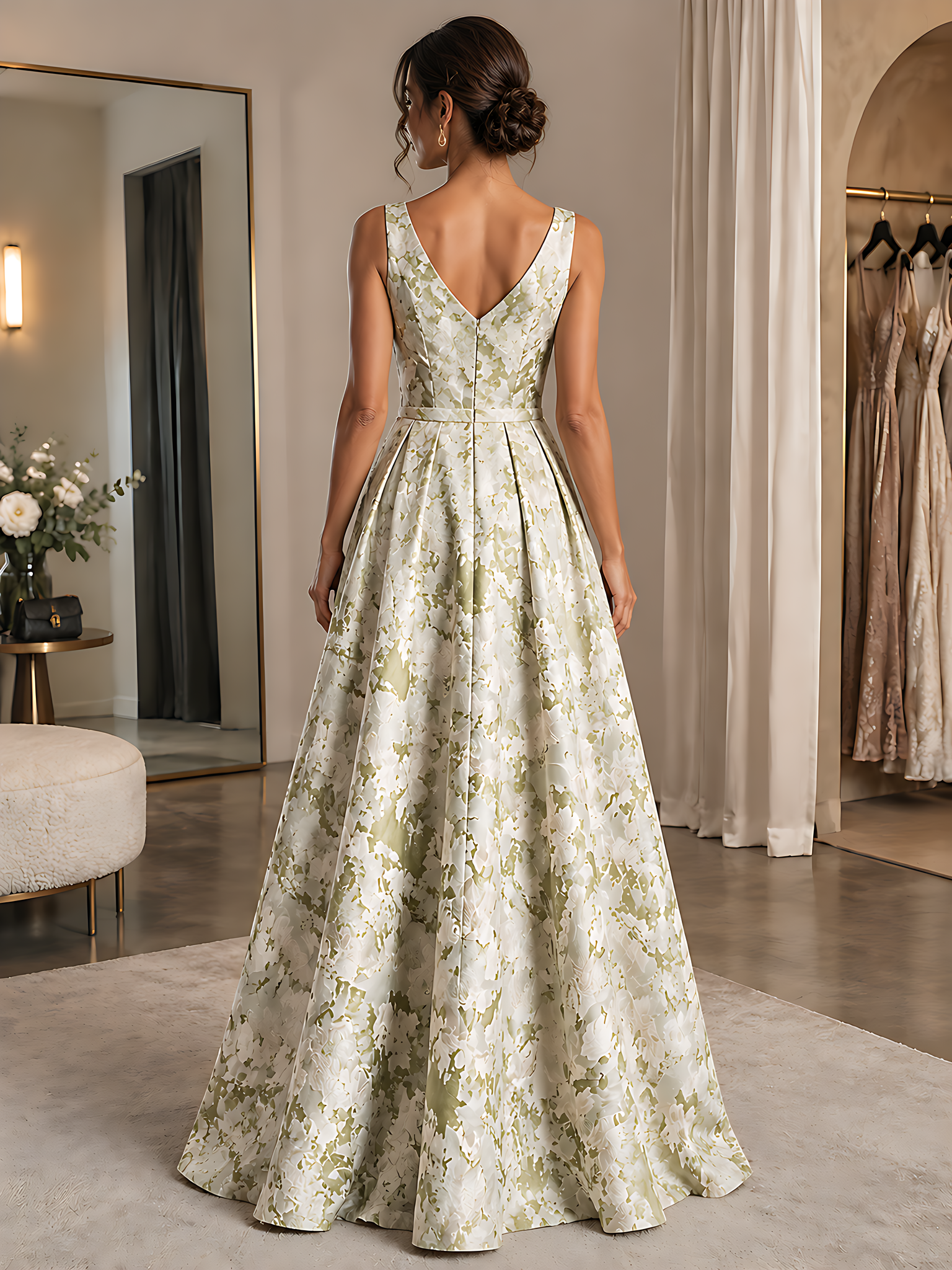 Sage Green V-Neck Sleeveless Floral Brocade A-Line Maxi Dress