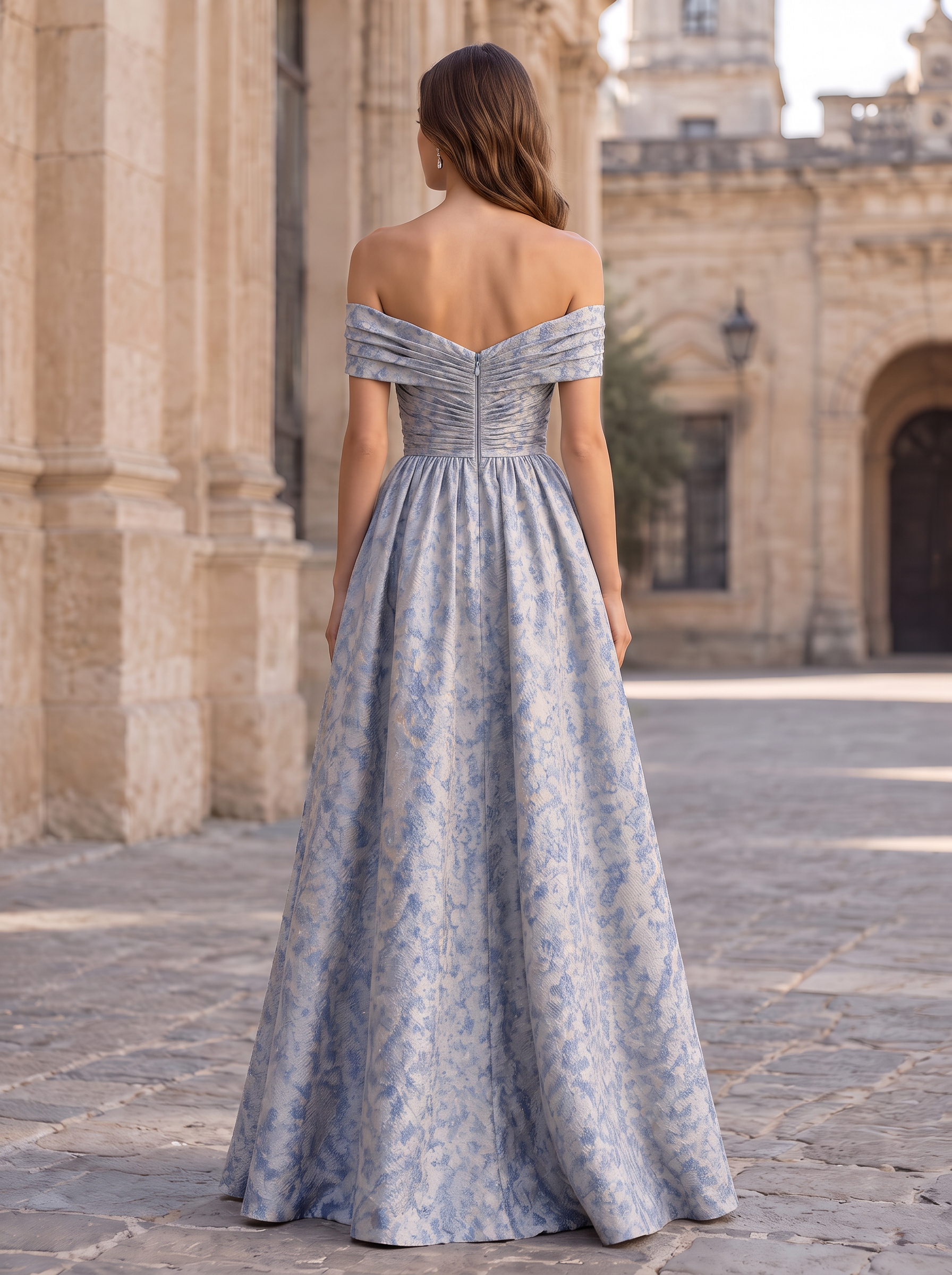 Light Blue Off Shoulder Brocade A-Line Maxi Dress