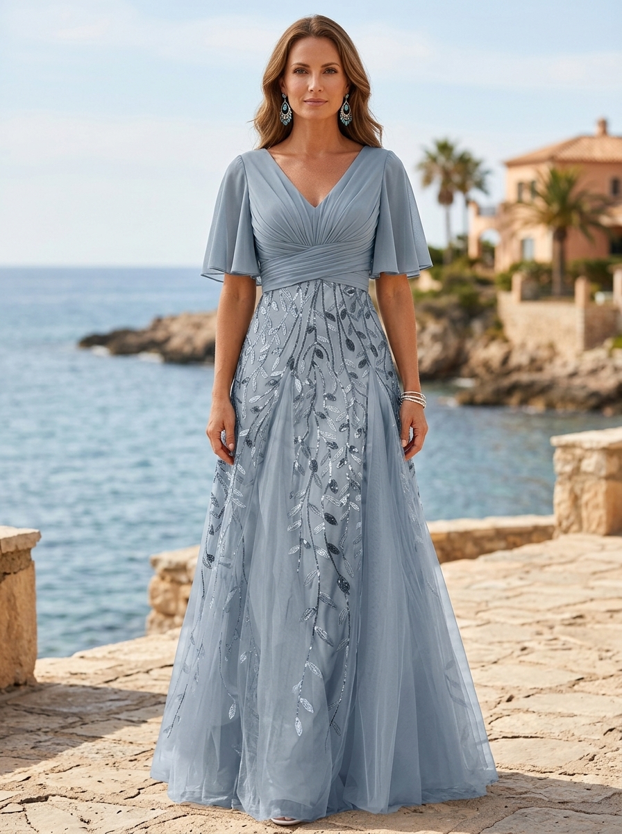 A-line V-neck Half-sleeve Side-slit Mother Of The Bride Maxi Dress