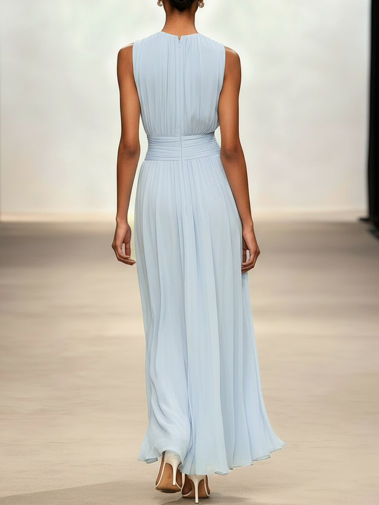 Light Blue Chiffon Scoop Neck Sleeveless A-Line Dress