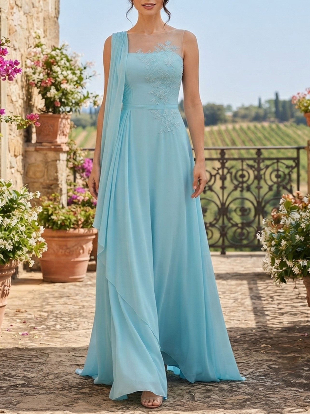 Sky Blue Illusion Neck Floral Lace Drape Chiffon Maxi Dress