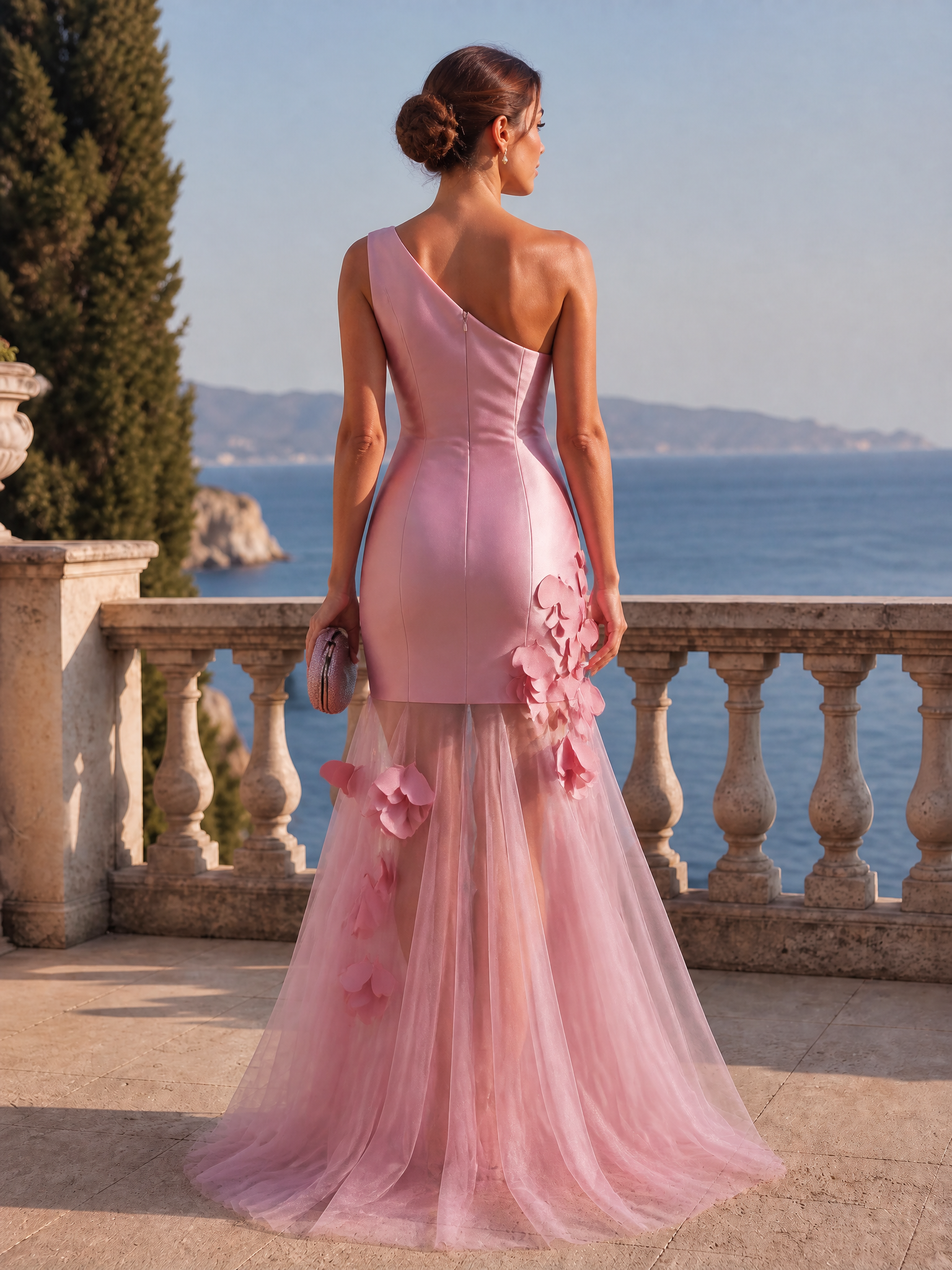 Pink One Shoulder Satin Short Bodice Sheer Tulle Skirt 3D Floral Floor Length Gown