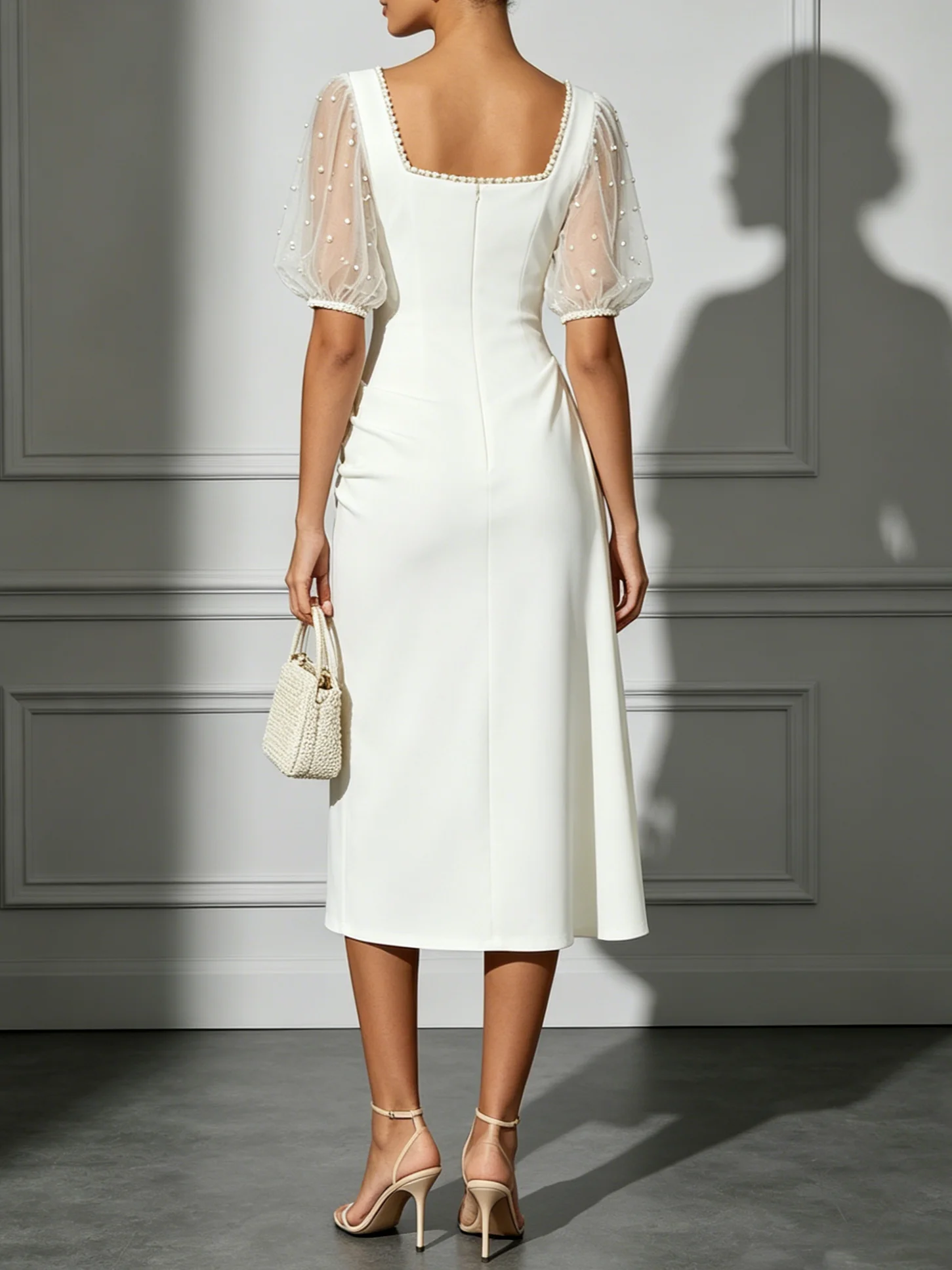 White Square Neck Short Sleeve Balloon Sleeve Midi Dress