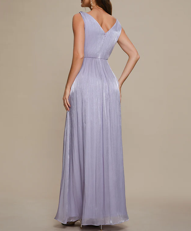 Lavender Shimmer V-Neck Sleeveless Pleated Maxi Dress