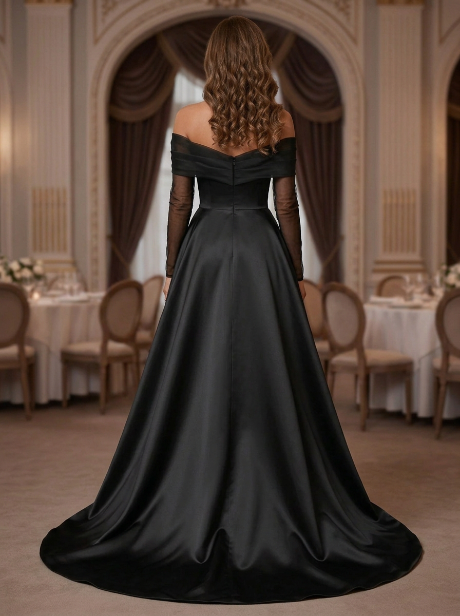 Mesh Satin Off-The-Shoulder Sequined Embroidered Maxi Dress