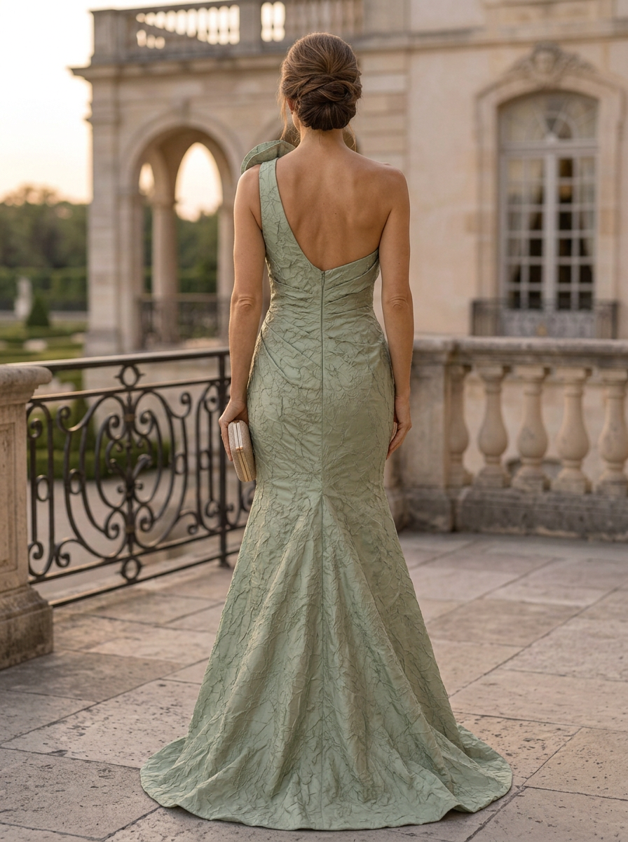 Sage Green One Shoulder Floral Appliqué Mermaid Maxi Dress