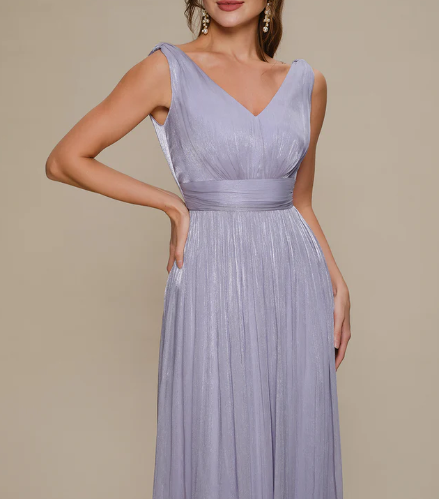 Lavender Shimmer V-Neck Sleeveless Pleated Maxi Dress