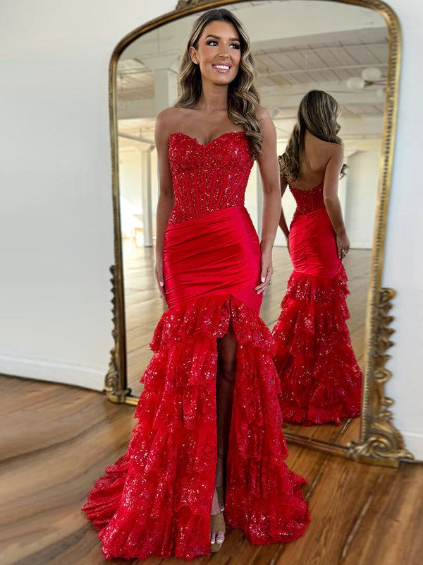 Red Mermaid Strapless Long Satin Prom Dress with Tiered Ruffle Skirt
