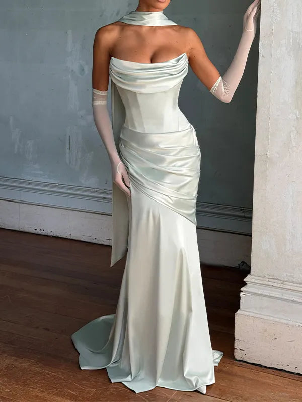 Elegant Mint Green Off-the-Shoulder Pleated Maxi Dress