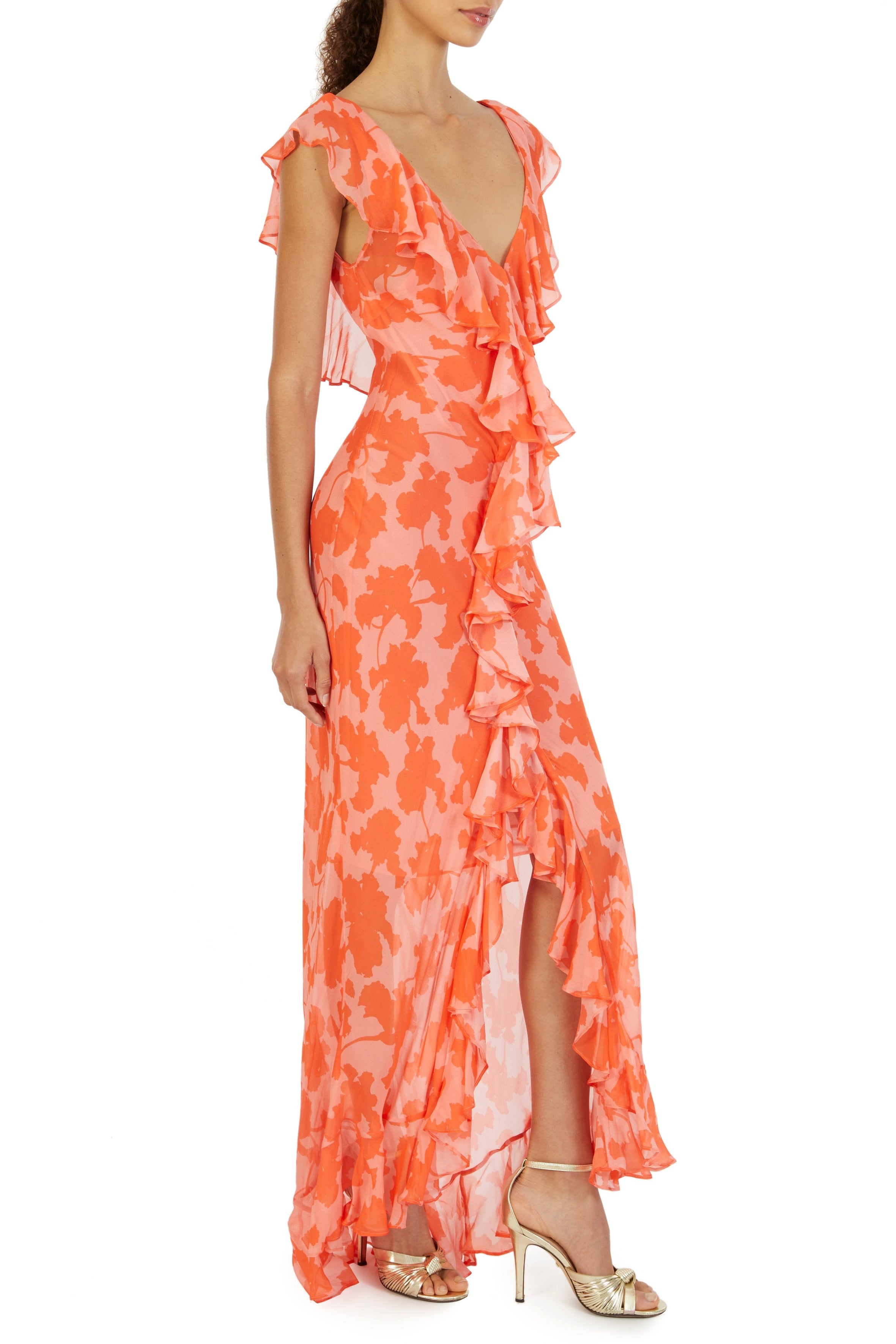 V-Neck Chiffon Ruffle Maxi Dress