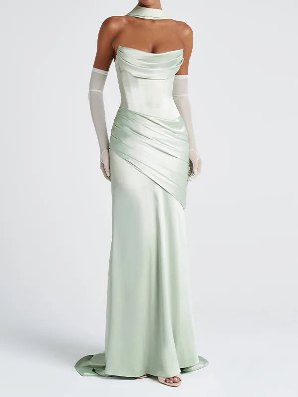 Elegant Mint Green Off-the-Shoulder Pleated Maxi Dress
