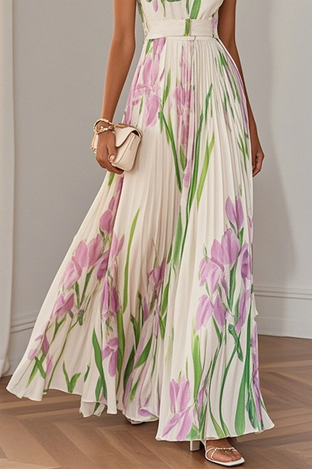 White Pleated Floral Chiffon Square Neck Sleeveless A-Line Maxi Dress