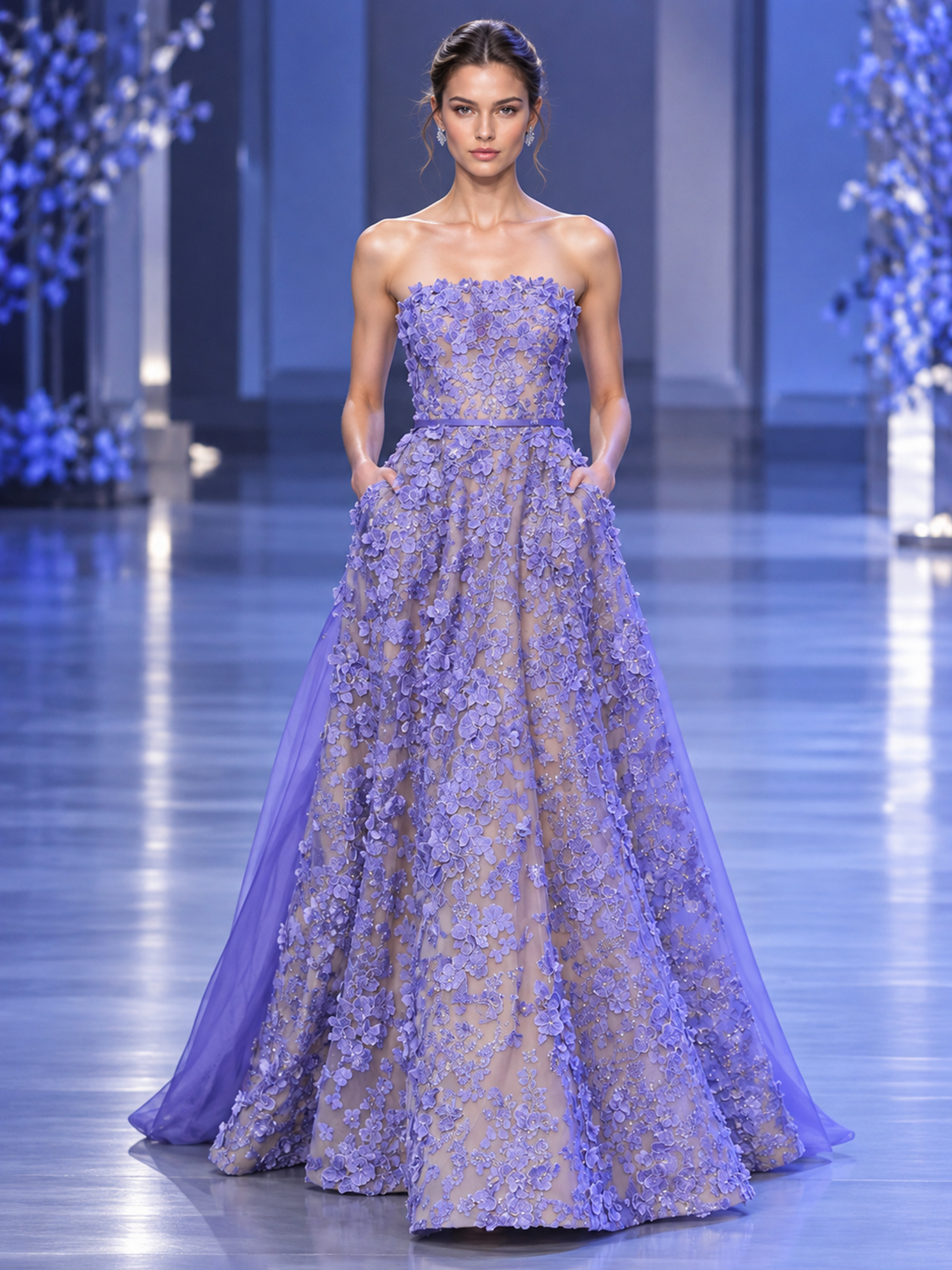 Purple Strapless Floral Embroidered Mermaid Maxi Dress