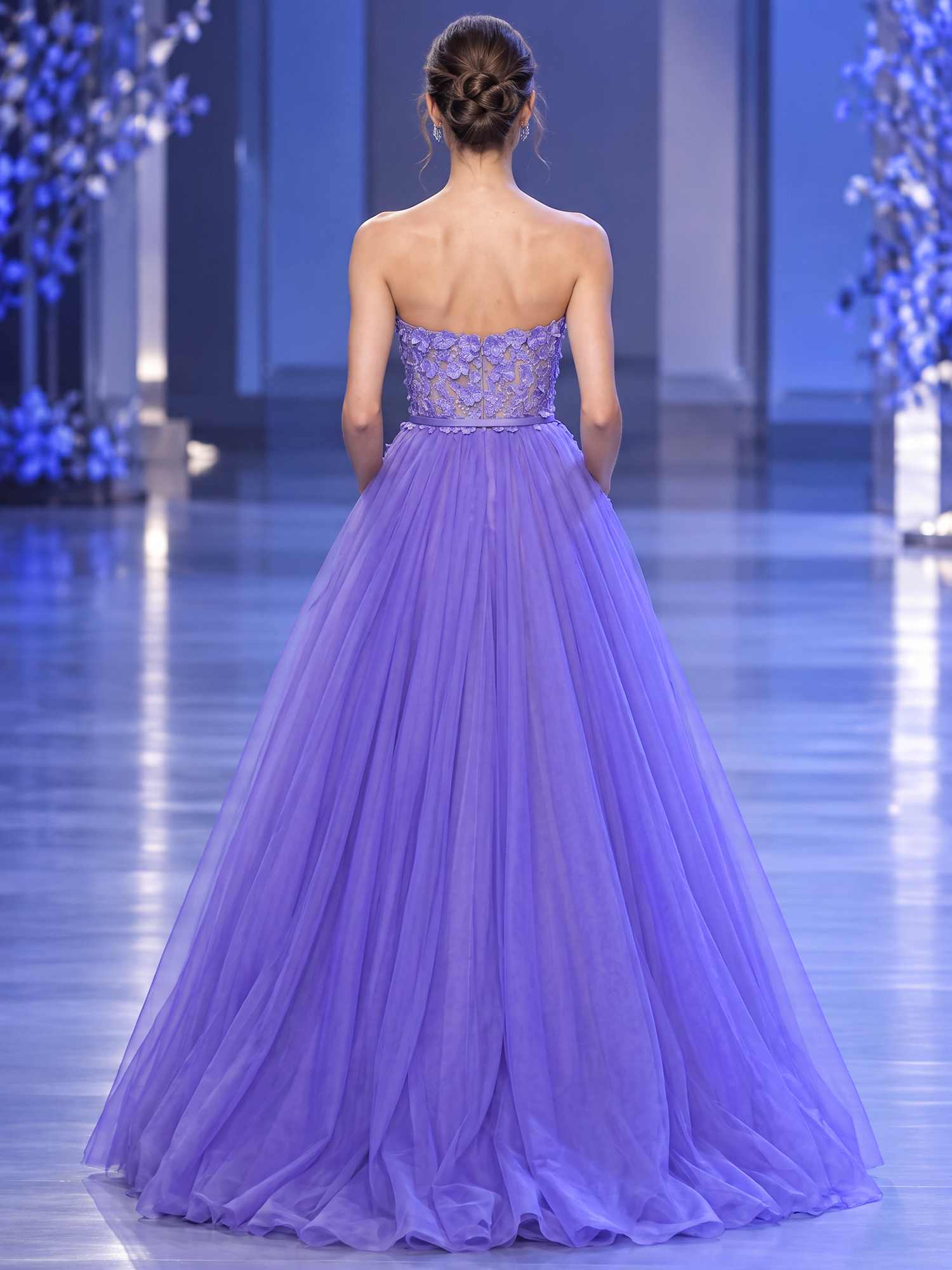 Purple Strapless Floral Embroidered Mermaid Maxi Dress