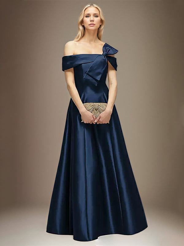 Navy Blue Satin A Line Off the Shoulder Floor Length Dress With Bow