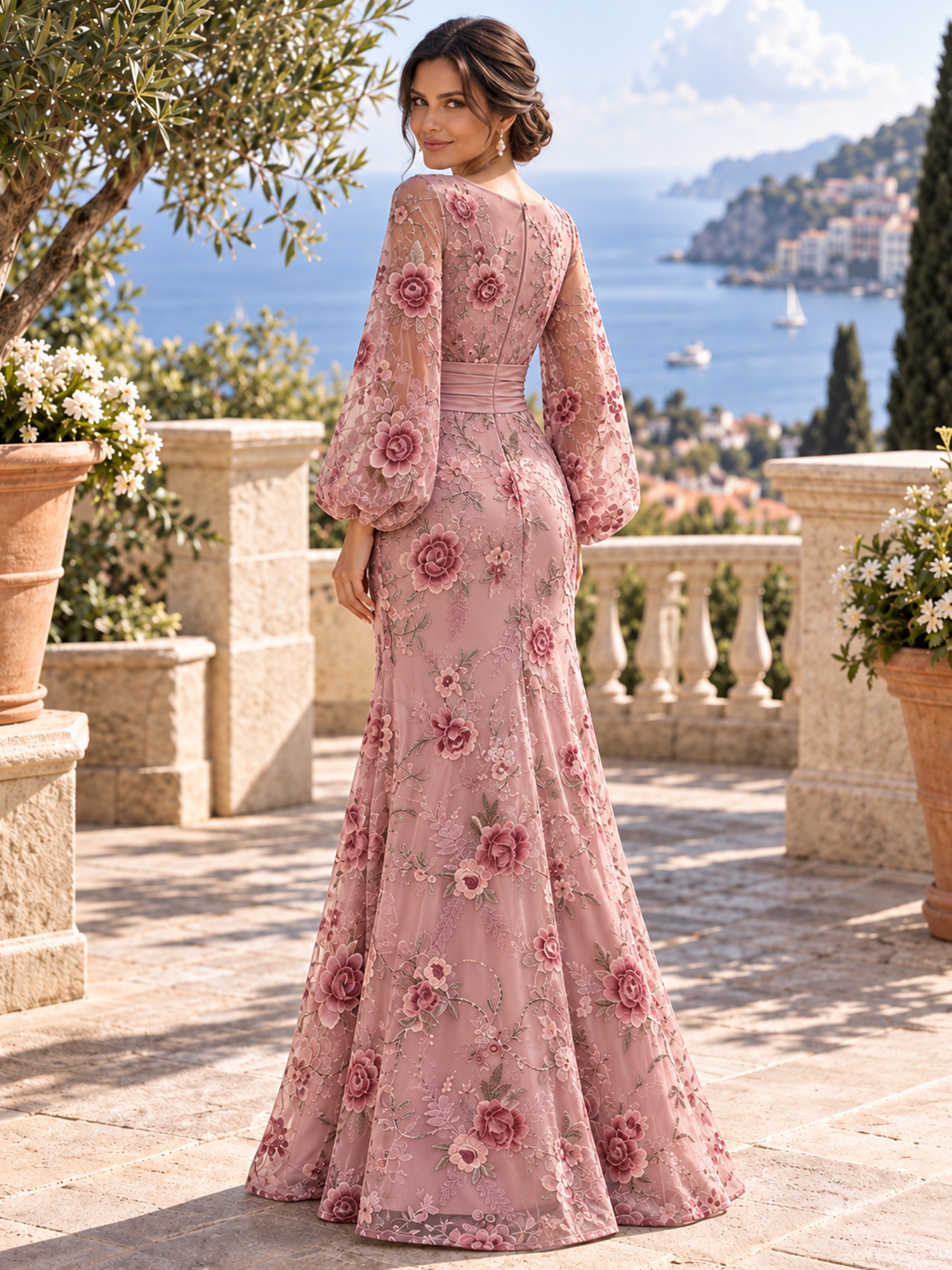 Dusty Pink Boat Neck Long Puff Sleeve 3D Floral Appliqué Mermaid Floor-Length Maxi Dress
